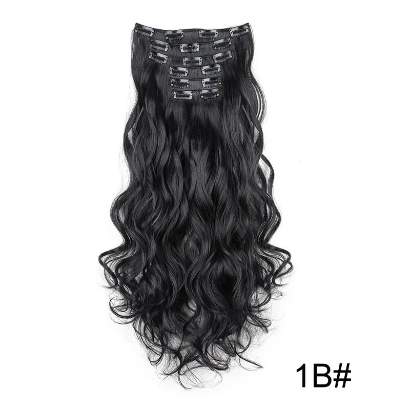 16Clips Synthetic 24Inch Long Curly Hair Hairpiece Heat Resistant Hair Extension Clips In Black Brown Blonde for Women