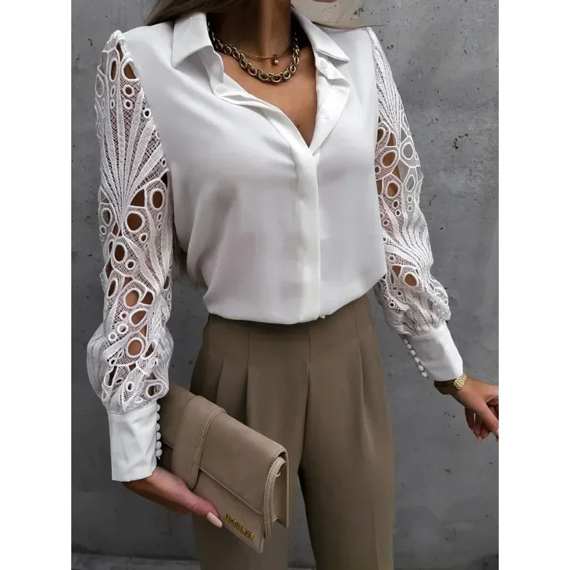 New Fashion Women's Commuter Casual Shirt Elegant Solid Color Lace Spliced Shirt Fashion Flip Collar Button Long Sleeved Shirt