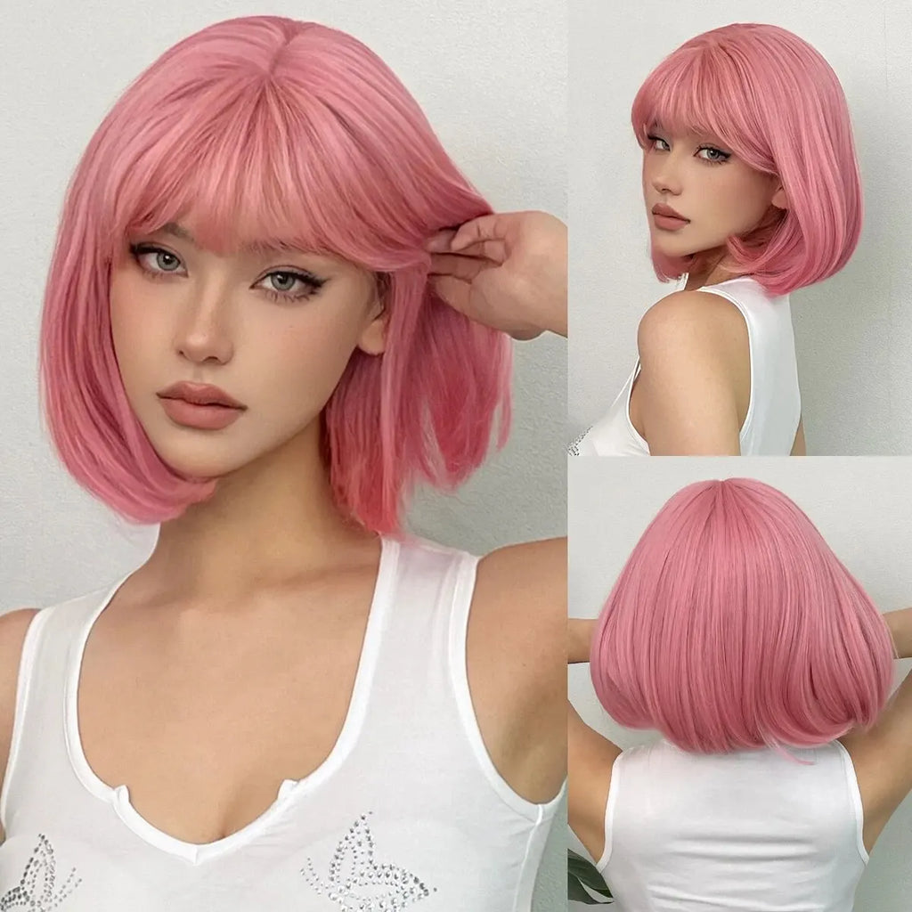 Short Straight Bob Black synthetic wig with fringe Ladies High temperature silk wig Christmas party Cosplay daily wear wig