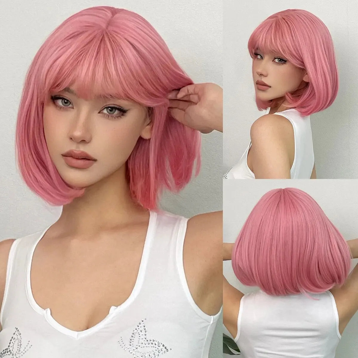 Short Straight Bob Black synthetic wig with fringe Ladies High temperature silk wig Christmas party Cosplay daily wear wig