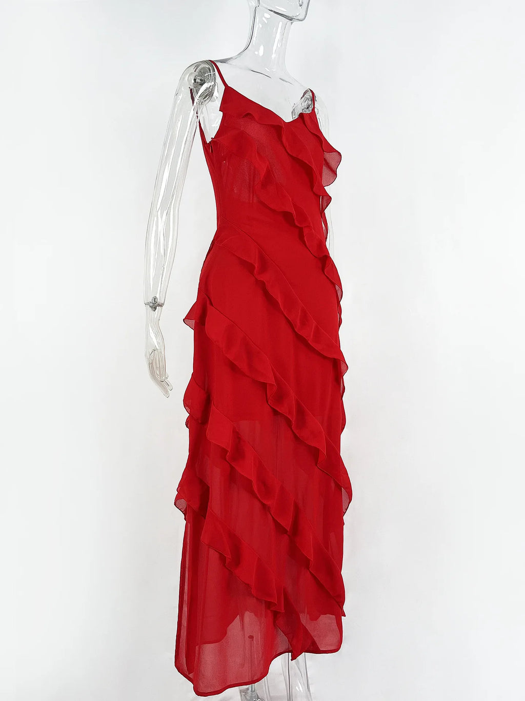 New 2025 Women's Ruffles Chiffon Maxi Dress Backlesss Split Sexy Porm Dress Red Long Summer Wedding Party Dress Elegant Vestidos