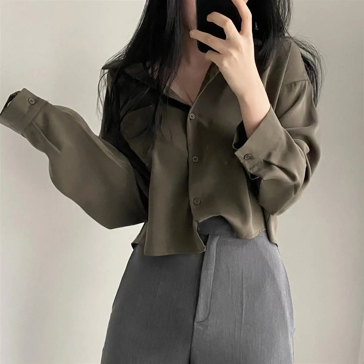 Long Sleeved Shirt And Blouse Simple Single Breasted Loose Casual Solid OL Trend Short Top Simple Elegant Fashion Women Clothes