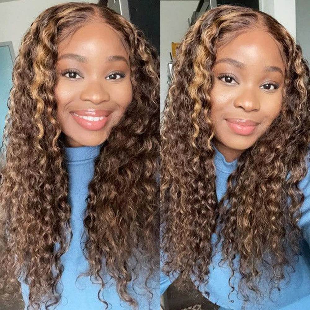 Deep Wave 30 Inch Invisible Strap 360 Full Lace Front Wig Honey Blonde Highlight Deep Curly Frontal Wig Glueless Wig Human Hair