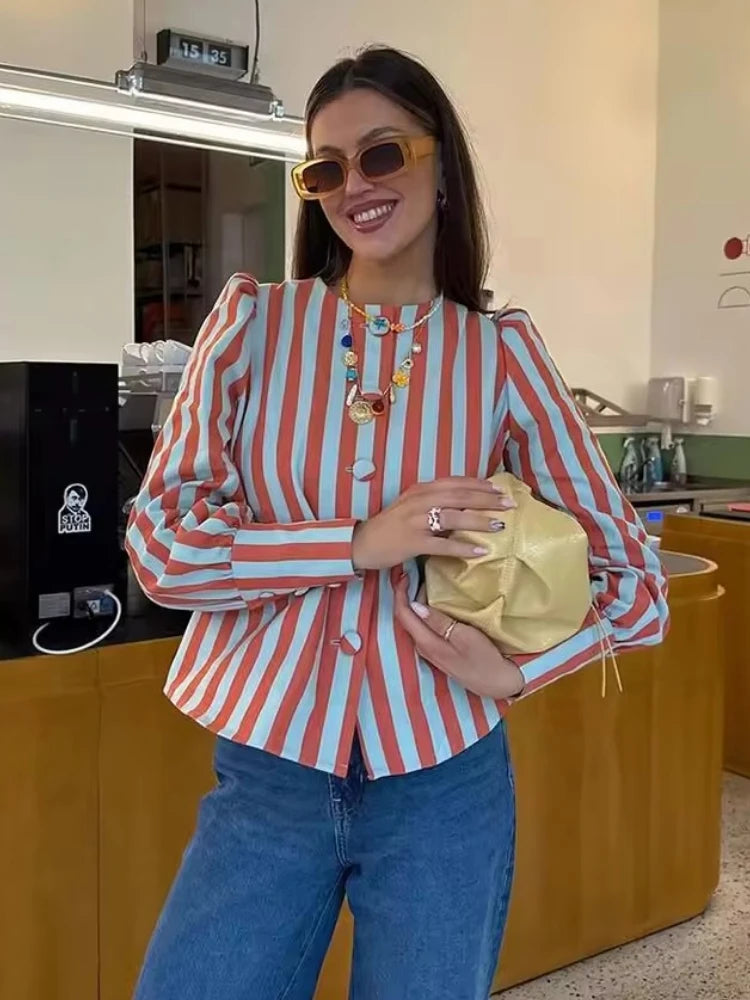 ZBZA Women's Loose Fit Striped Print Shirt O-neck Puff Sleeve Single Breasted Simple Casual Top Spring Summer Female Chic Blouse