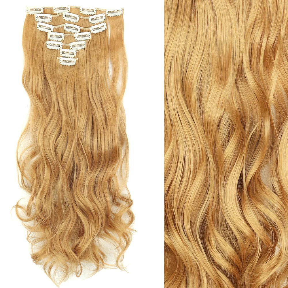 Long Straight Hairstyle 16 Clips 7Pcs/Set Hair Extensions Natural Synthetic Blonde Black Hairpieces Heat Resistant For Women