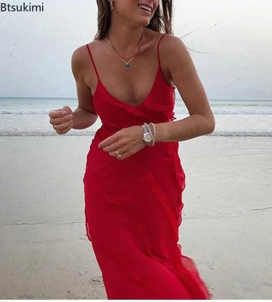 New 2025 Women's Ruffles Chiffon Maxi Dress Backlesss Split Sexy Porm Dress Red Long Summer Wedding Party Dress Elegant Vestidos