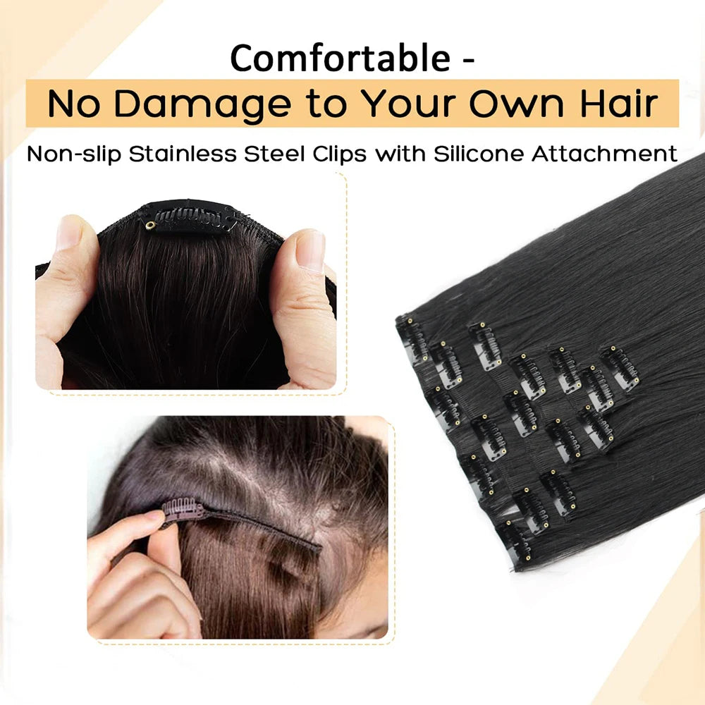 7Pcs/Set 16 Clips Hair Extension Black Long Straight Natural Hair Ombre Hairpiece Heat Resistant Fiber For Women Hairstyle