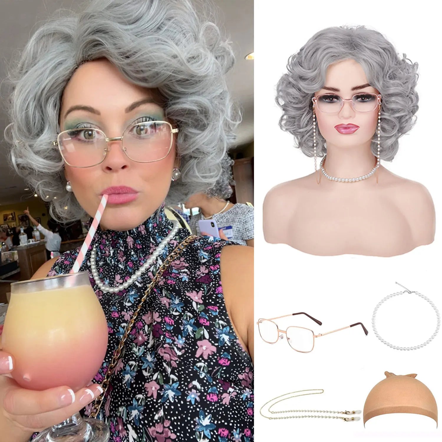 Synthetic Old Lady Wig Costume Set for Women Short Curly Grandma Wig and Glasses Silver White Granny Wig Cosplay Halloween Party