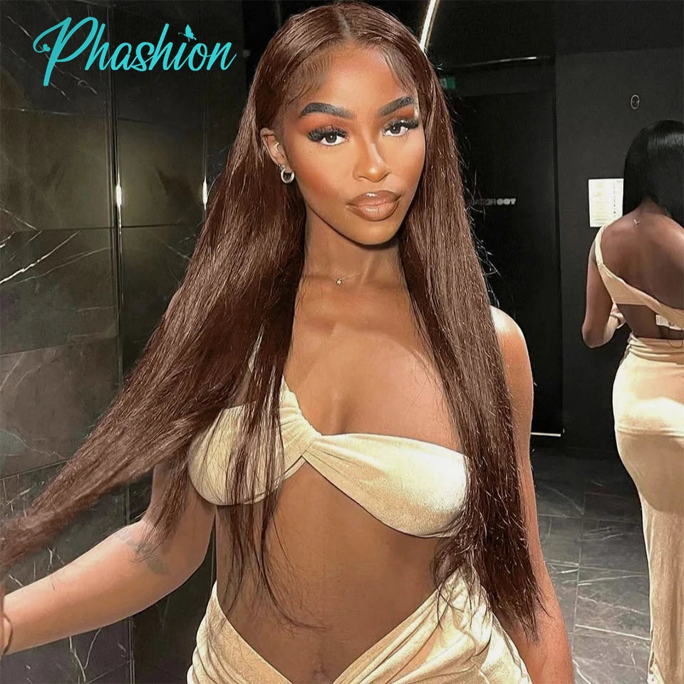 Phashion #4 Chocolate Brown  Straight Bundles Weave With 2x6 Lace Closure Human Hair Colored 100% Remy Brazilian Hair Extensions