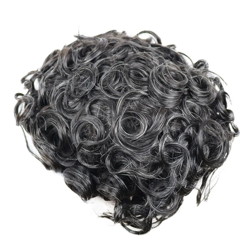 Men 26mm Natural Curly Human Hair Toupee Hair Replacement Capillary Prosthesis 100% Human Hair Durable skin Base Poly Easy Wear
