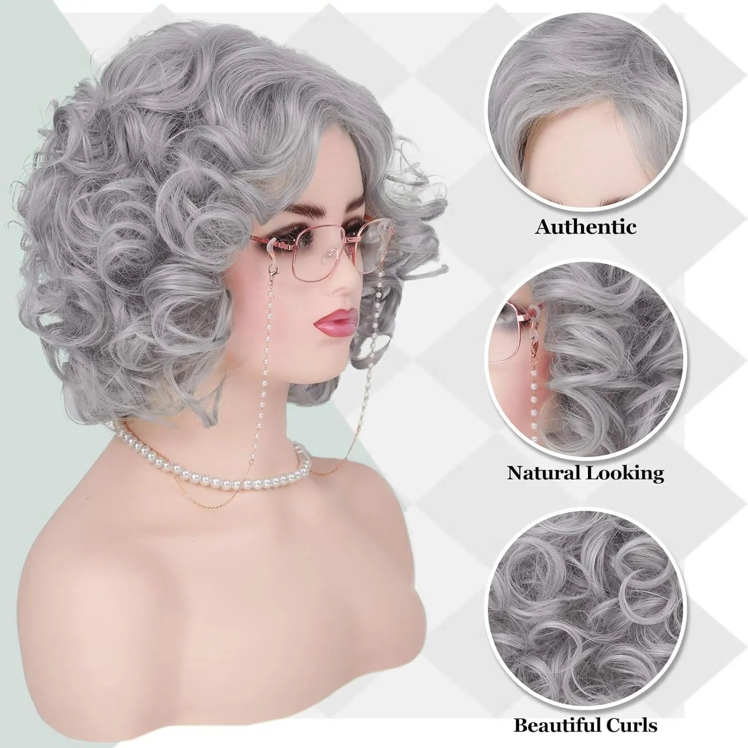 Synthetic Old Lady Wig Costume Set for Women Short Curly Grandma Wig and Glasses Silver White Granny Wig Cosplay Halloween Party