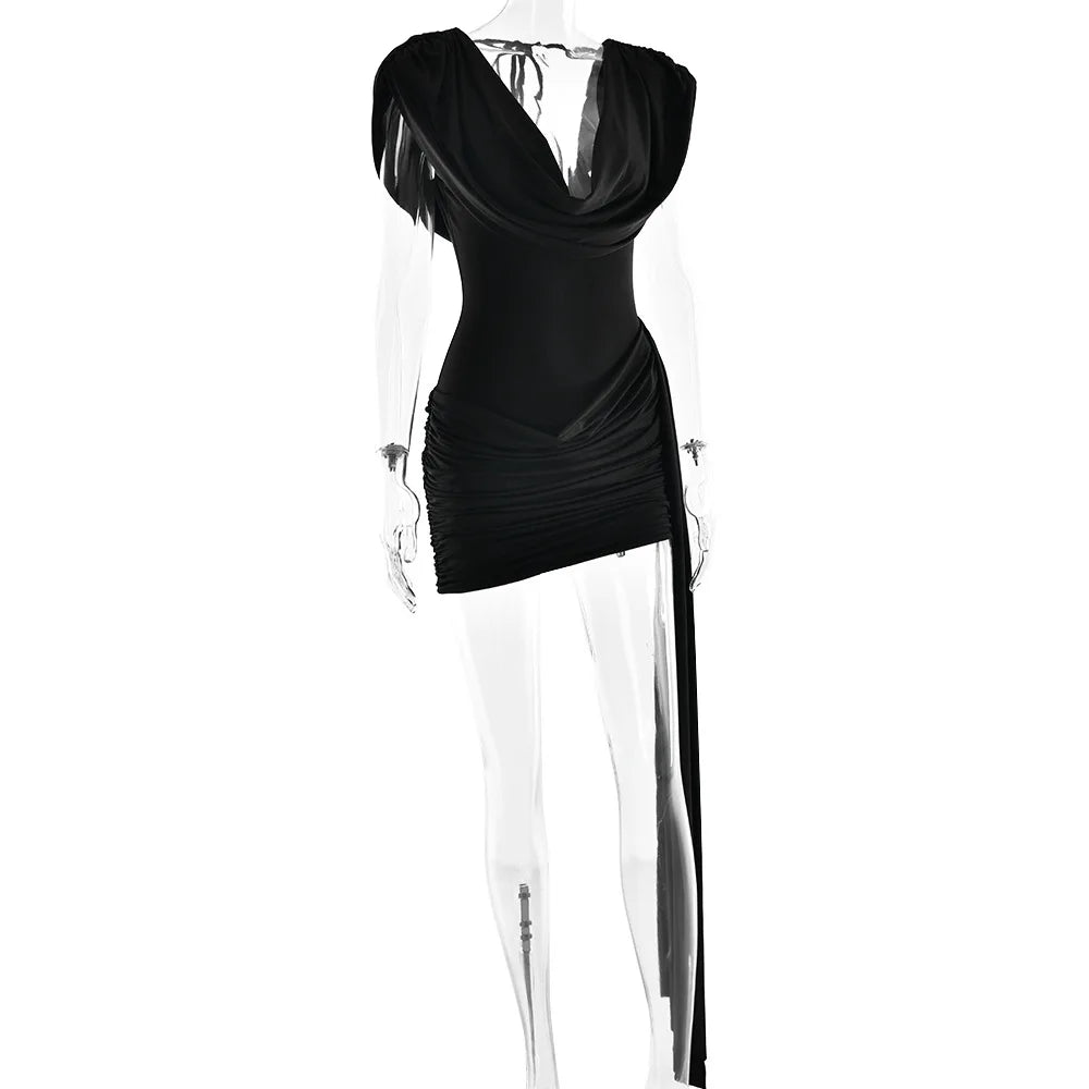 JULISSA MO Sexy Deep V-neck draped Mini dress Women White Sleeveless High Waist Ribbon Dress Summer Slim Elegant Party Clubwear