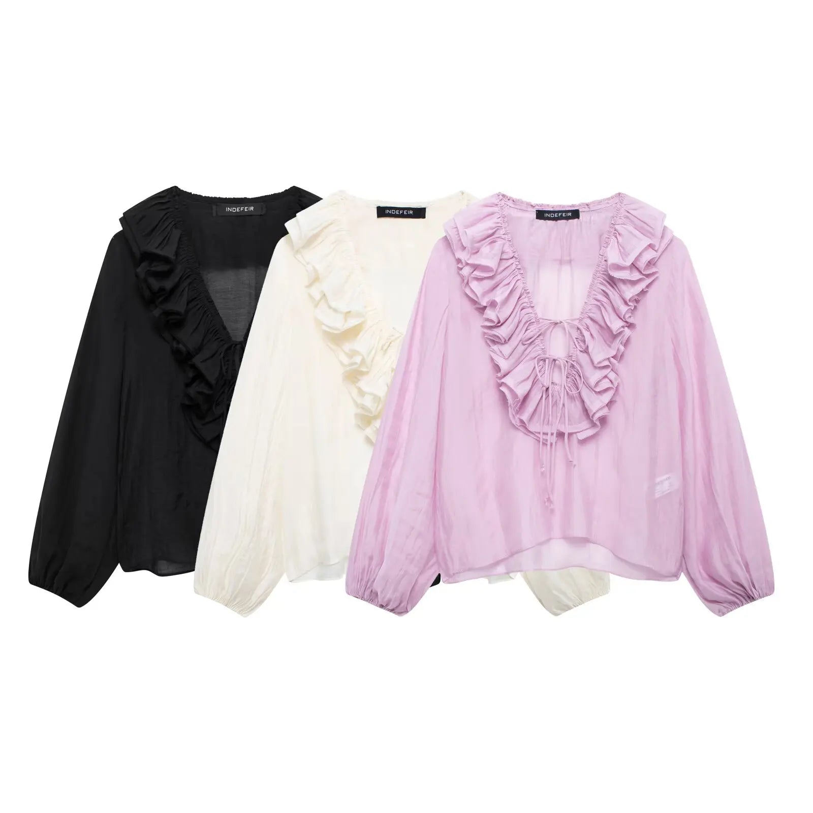 TRAFZA Elegant Women's Tierred Ruffles Blouses V-Neck Long Sleeve Loose Shirt Lady 2025 Spring Chic Lace-up Wild Woman Solid Top