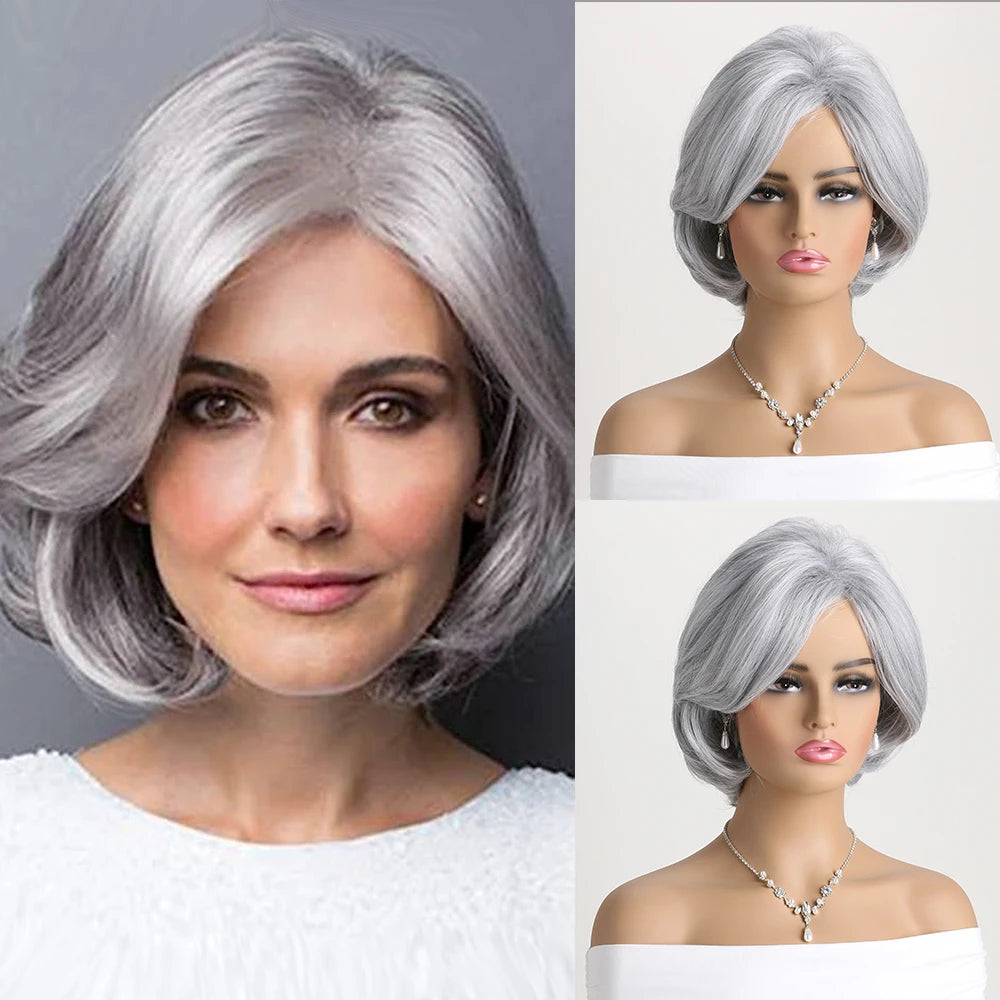 Short Natural Wigs with Bangs Soft Mommy Hair Daily Use Short  Grey Ombre Curly Synthetic Hair Costume Party Wig for Women