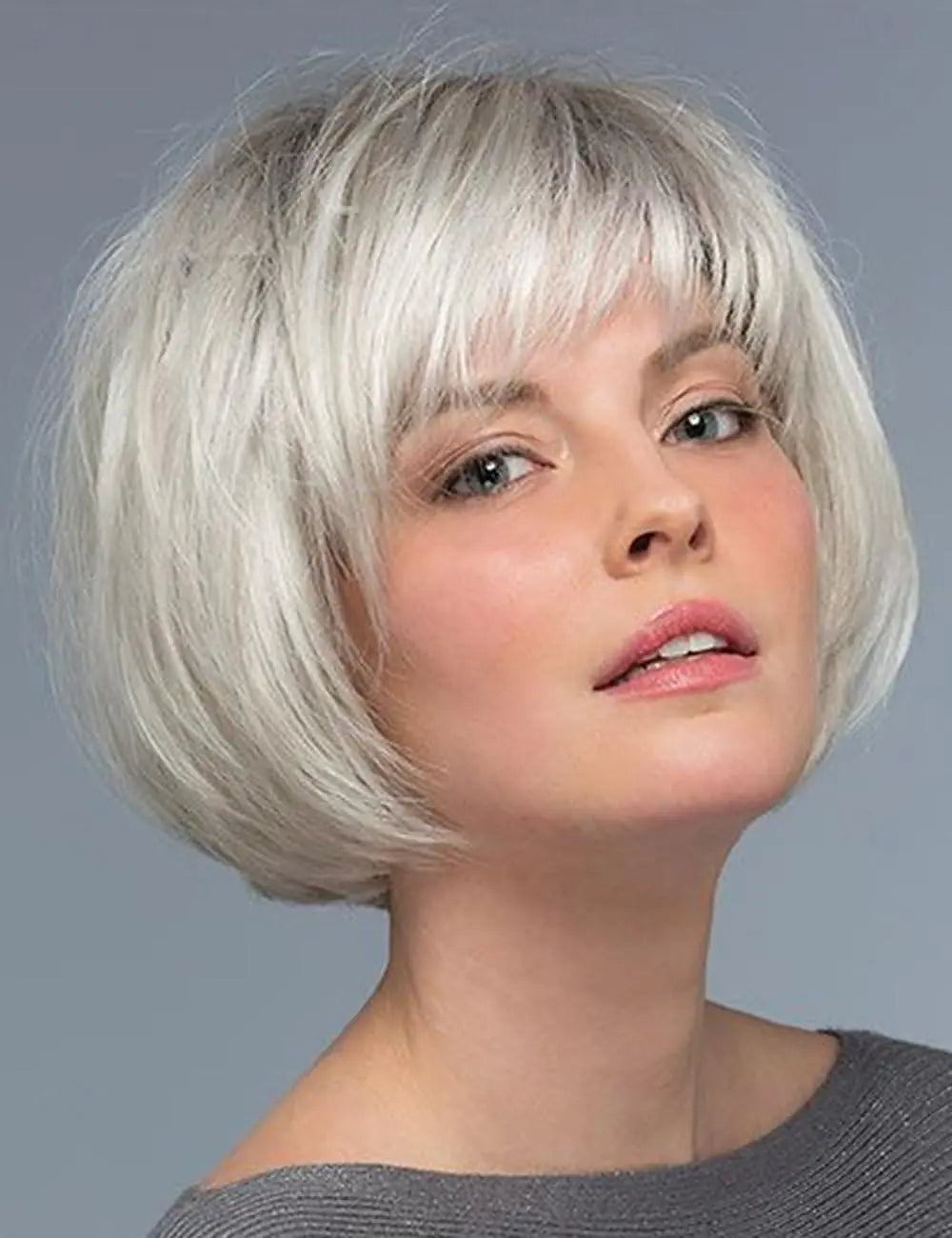 HAIRJOY  Synthetic Hair Short Straight Ombre White Blonde Bob Wigs  with Bangs for White Women