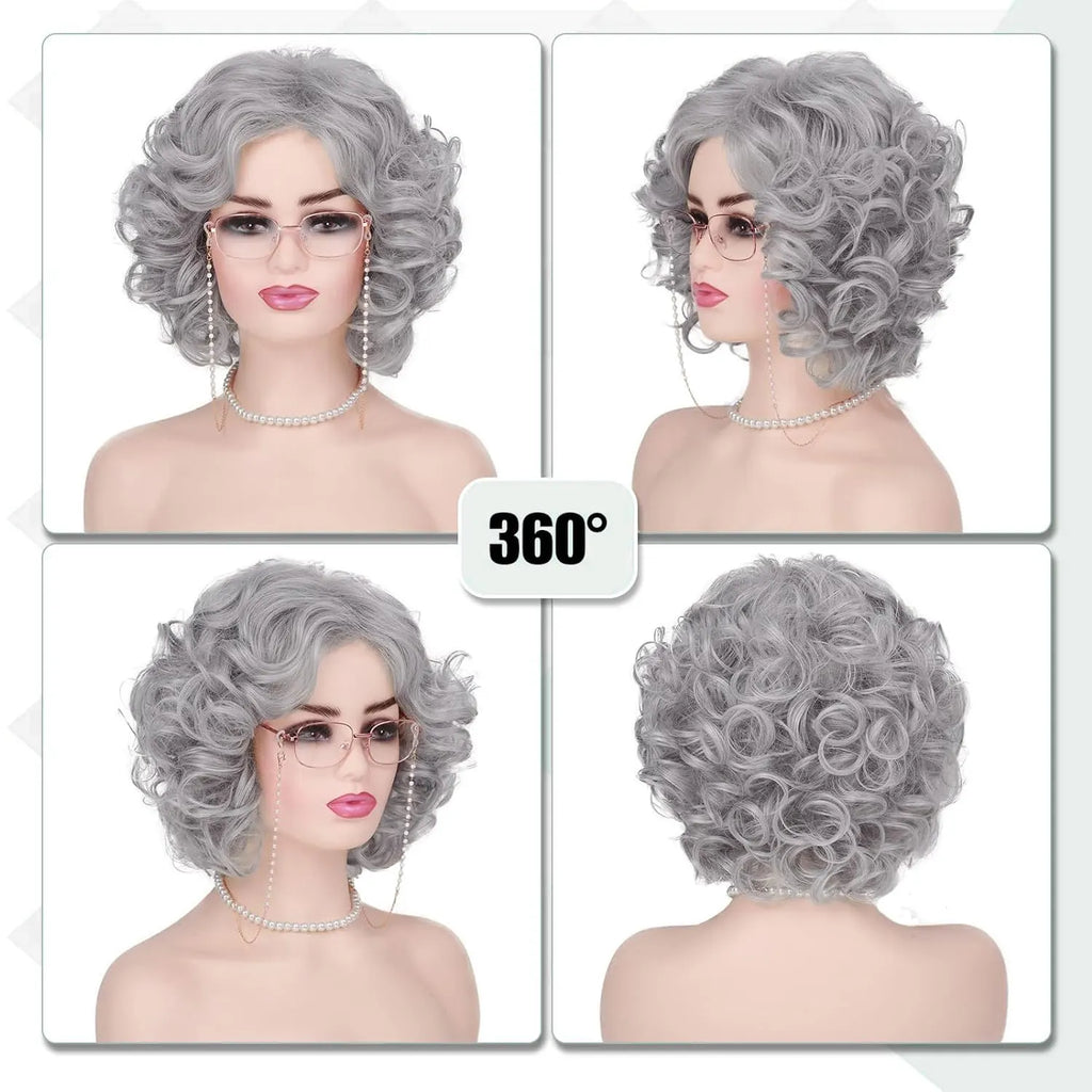 Synthetic Old Lady Wig Costume Set for Women Short Curly Grandma Wig and Glasses Silver White Granny Wig Cosplay Halloween Party
