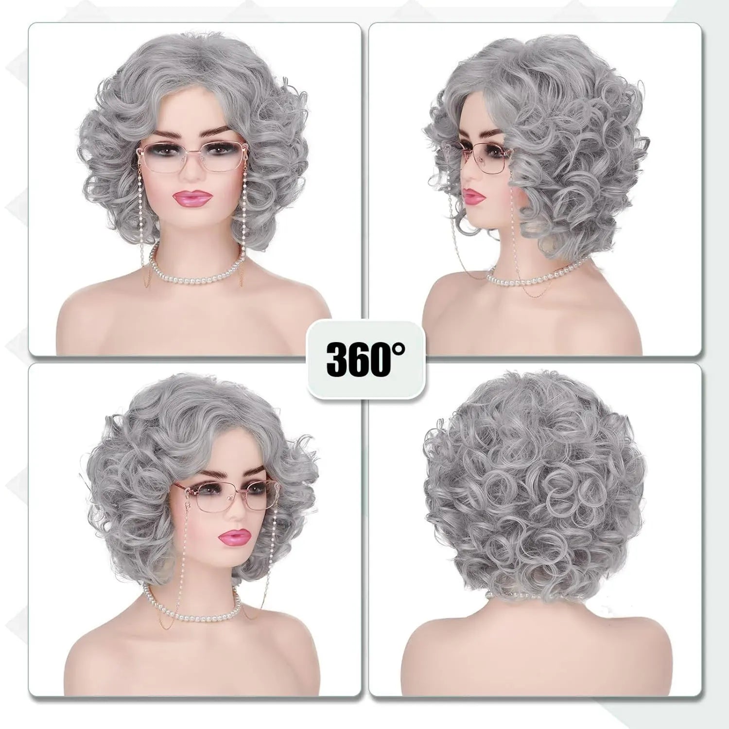 Synthetic Old Lady Wig Costume Set for Women Short Curly Grandma Wig and Glasses Silver White Granny Wig Cosplay Halloween Party
