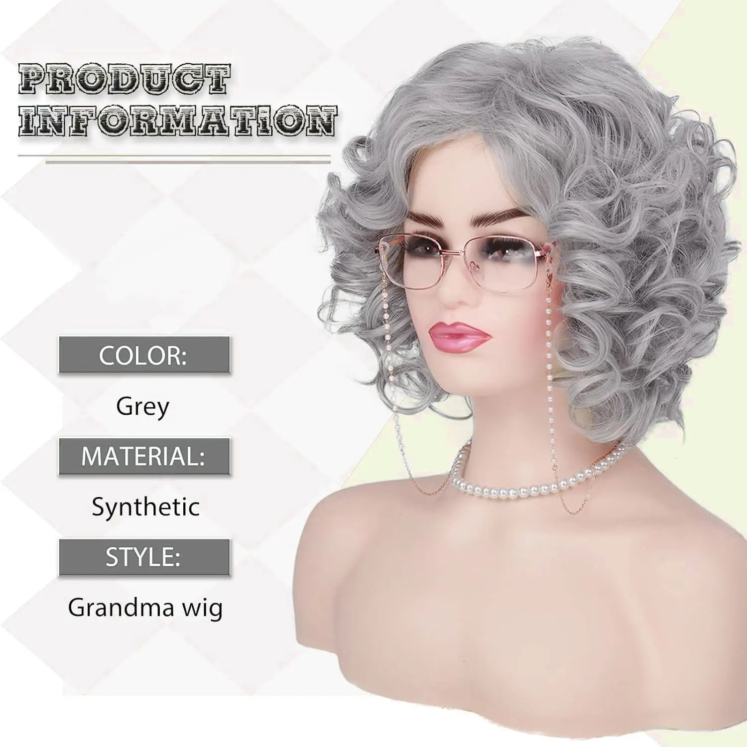 Synthetic Old Lady Wig Costume Set for Women Short Curly Grandma Wig and Glasses Silver White Granny Wig Cosplay Halloween Party