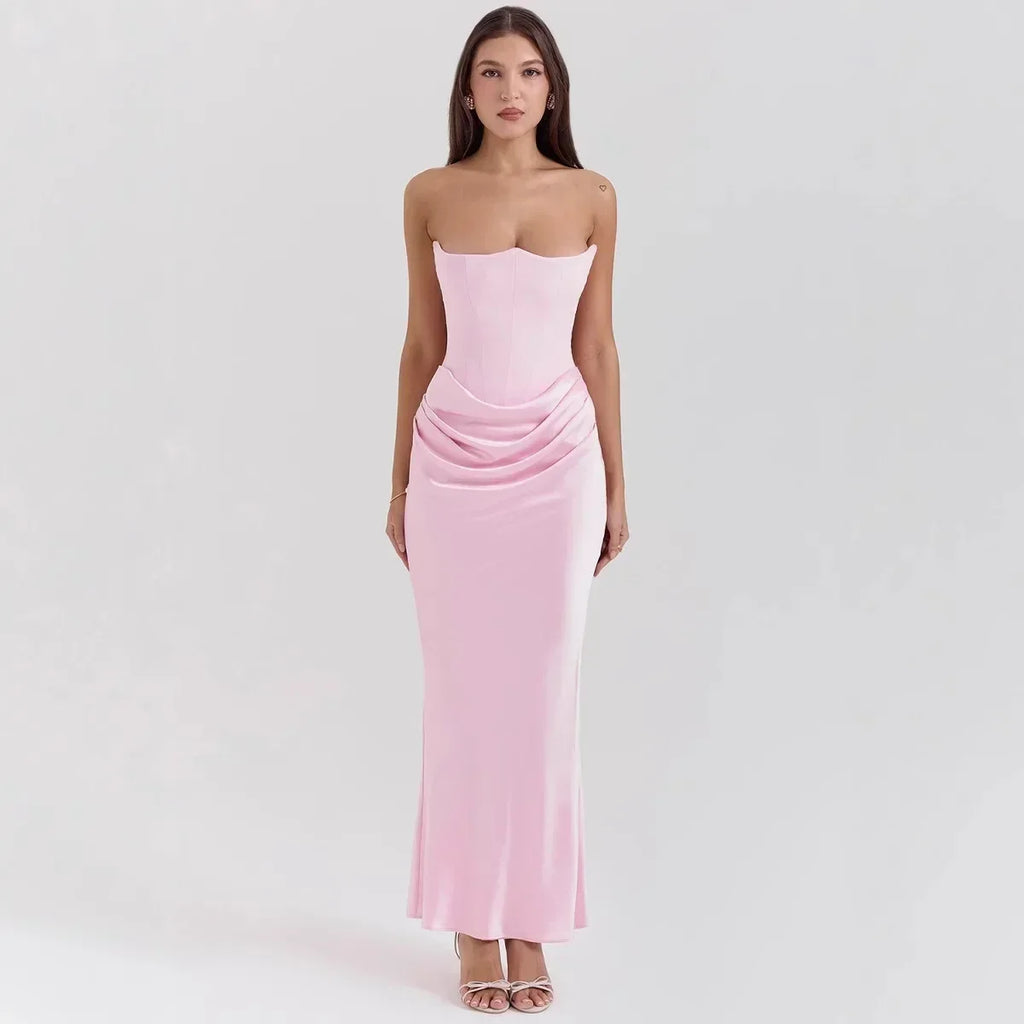 Mingmingxi 2025 Women's Evening Dress Strapless Pink Prom Party Dresses Sexy Satin Long Corset Dress Elegant Maxi Gala Dresses