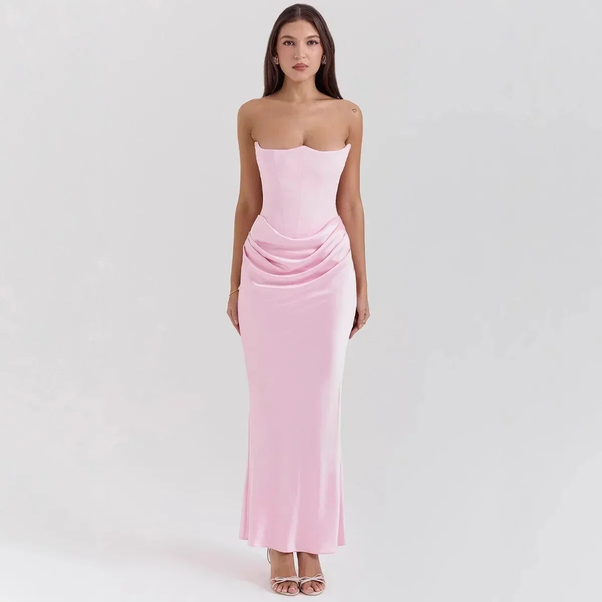 Mingmingxi 2025 Women's Evening Dress Strapless Pink Prom Party Dresses Sexy Satin Long Corset Dress Elegant Maxi Gala Dresses
